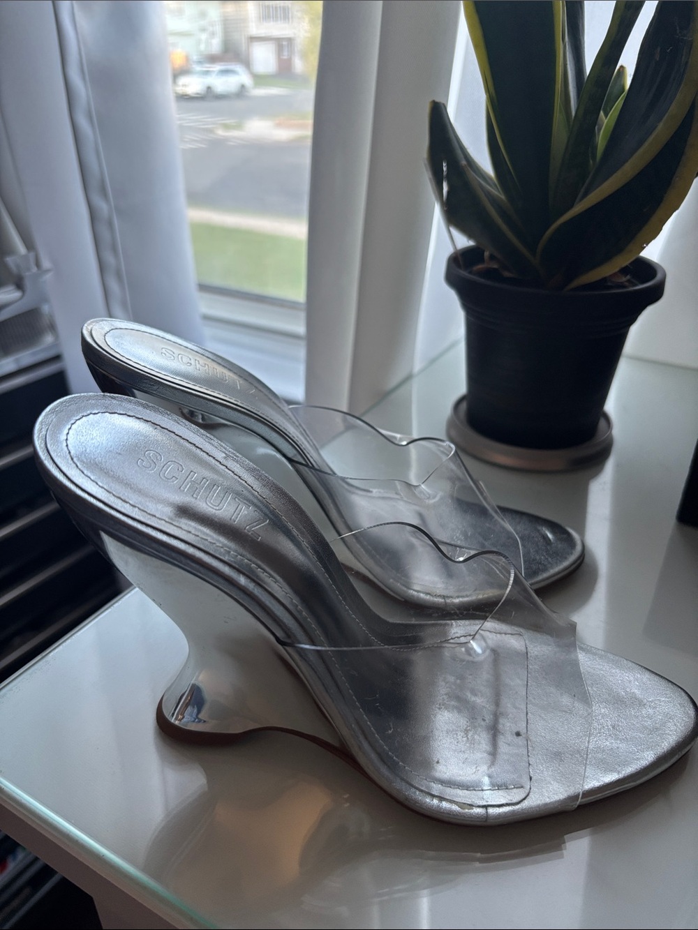 Schultz Silver Wedge Sandals with Clear Straps
